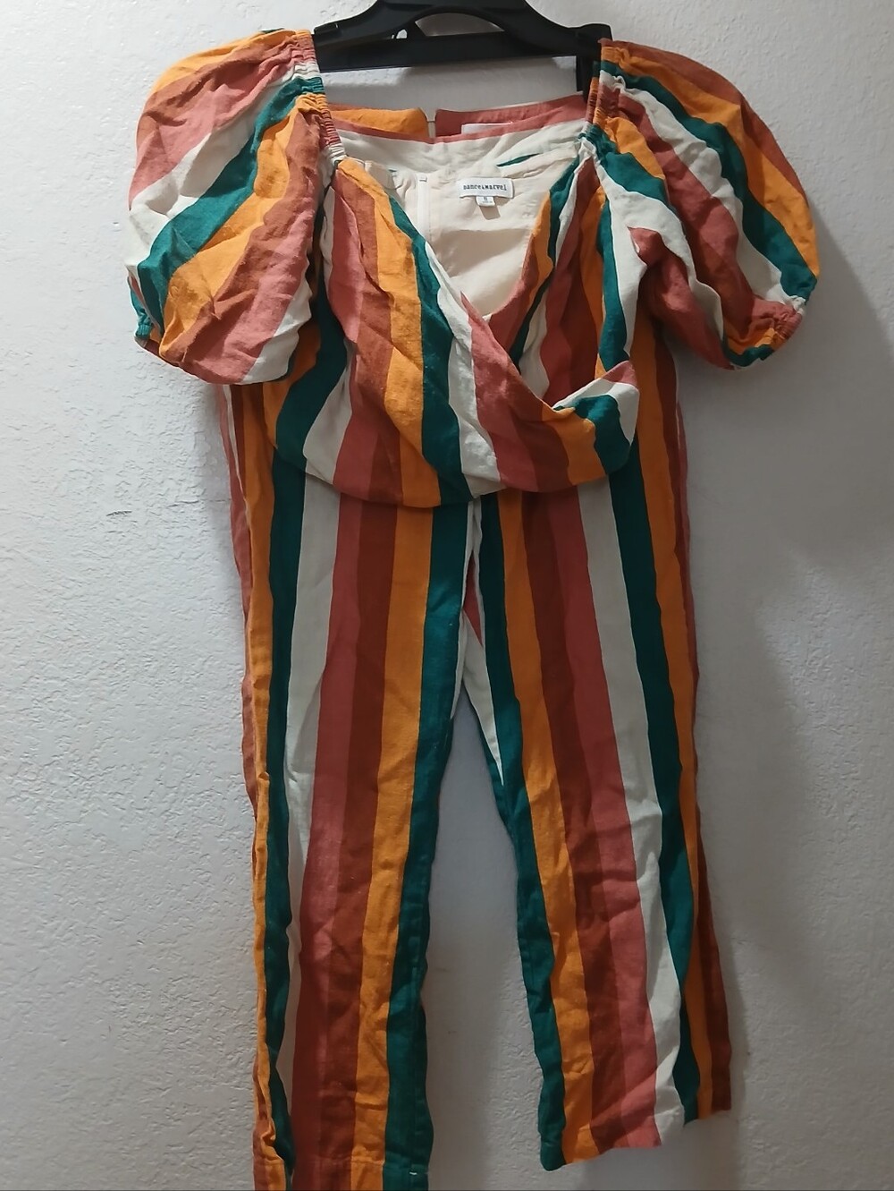 Dance & Marvel size S Multi-Stripe Puff-Sleeve Jumpsuit in Teal, Mustard & Rust